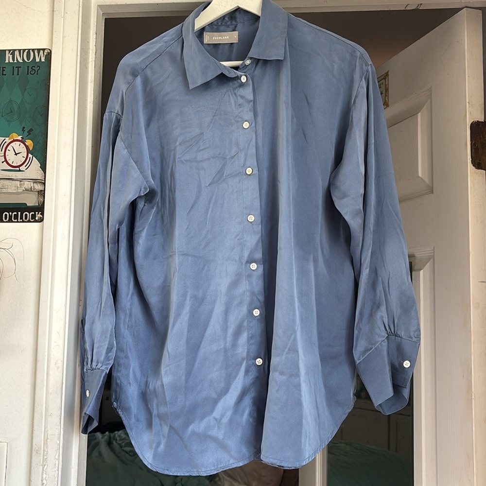Everlane Blue Button-Up Silk Blouse